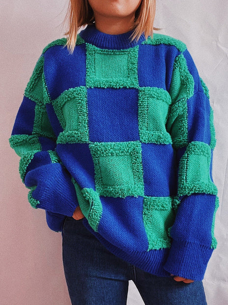 Checkered Round Neck Long Sleeve Sweater