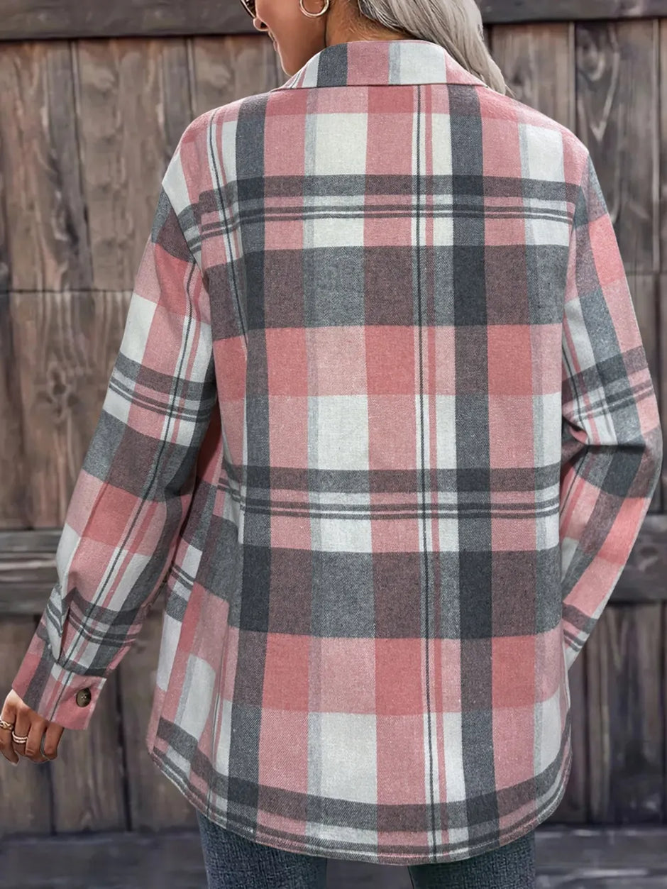 Women Pocketed Plaid Collared Neck Shacket