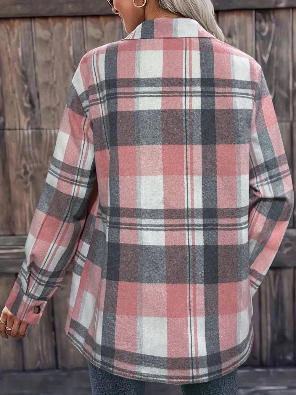 Women Pocketed Plaid Collared Neck Shacket