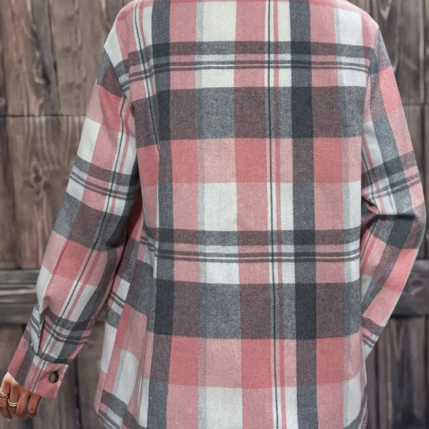 Women Pocketed Plaid Collared Neck Shacket