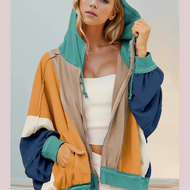 Double Take Full Size Color Block Zip Up Hoodie