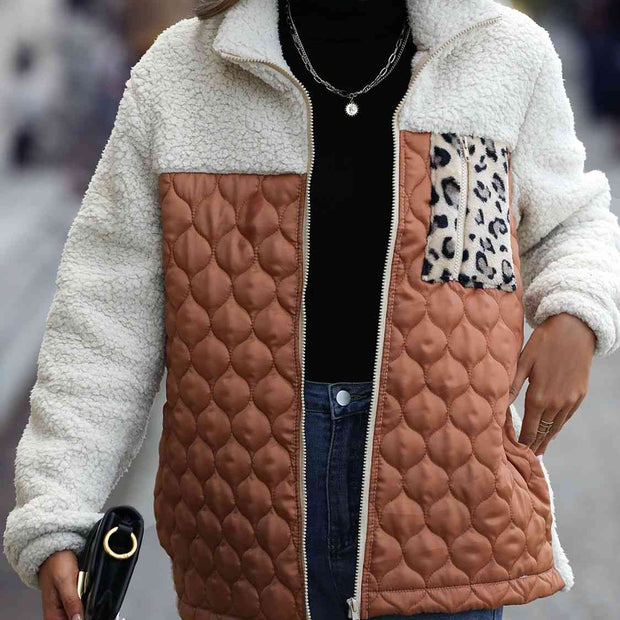 Women Leopard Color Block Zip-Up Jacket