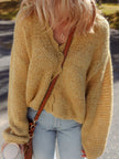 Women Lantern Sleeve Scallop V Neck Buttoned Front Cardigan Sweater