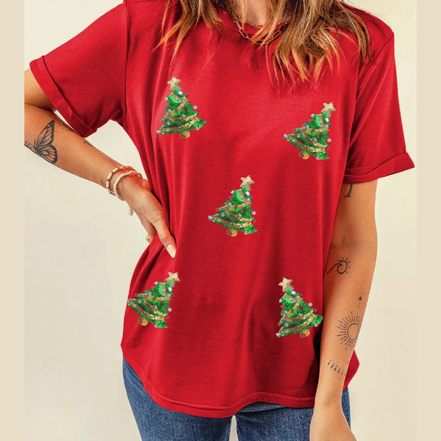 Sequin Christmas Tree Round Neck Short Sleeve T-Shirt