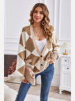 Women Geometric Lantern Sleeve Cardigan with Pockets