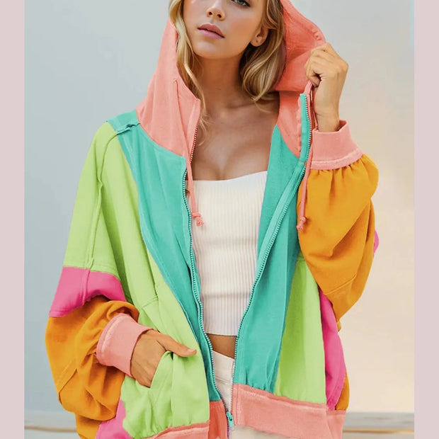 Double Take Full Size Color Block Zip Up Hoodie