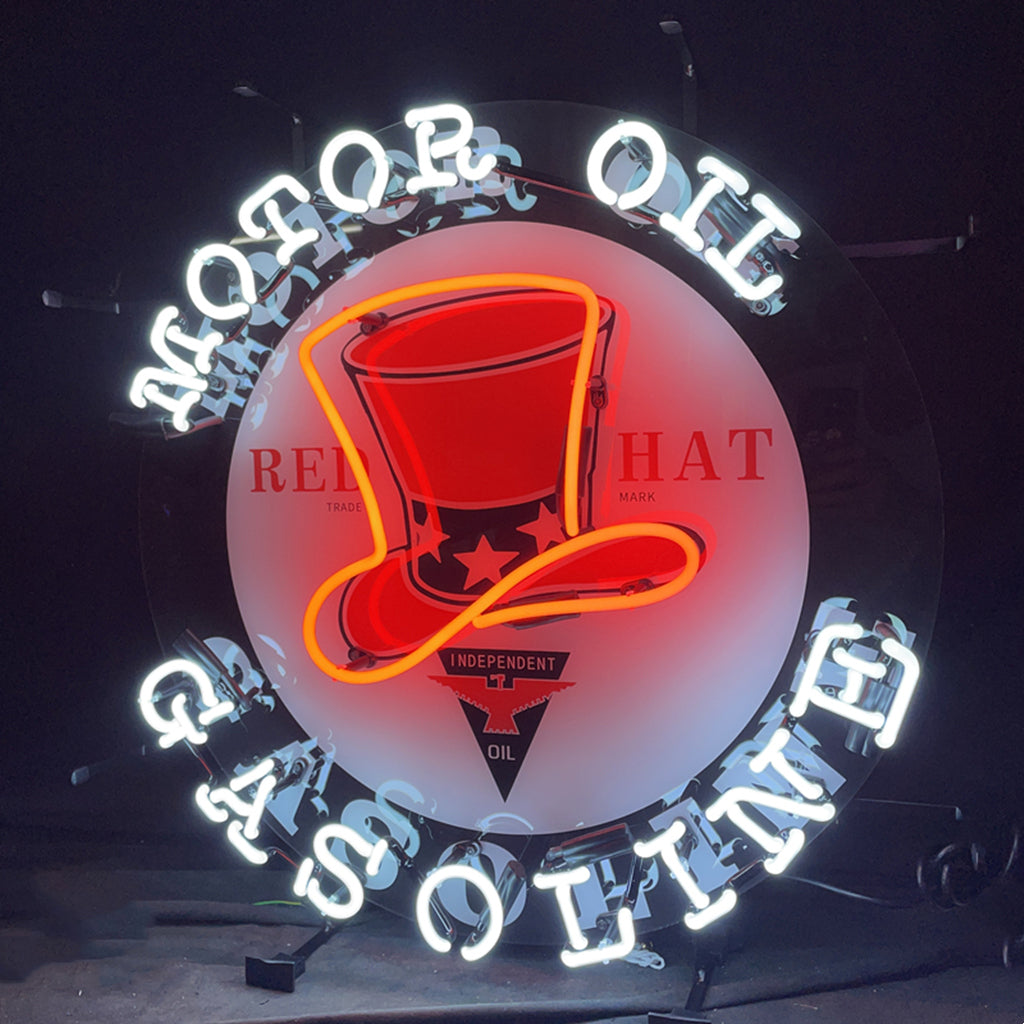 Motor Oil Gasoline Red Hats Neon Signs Light