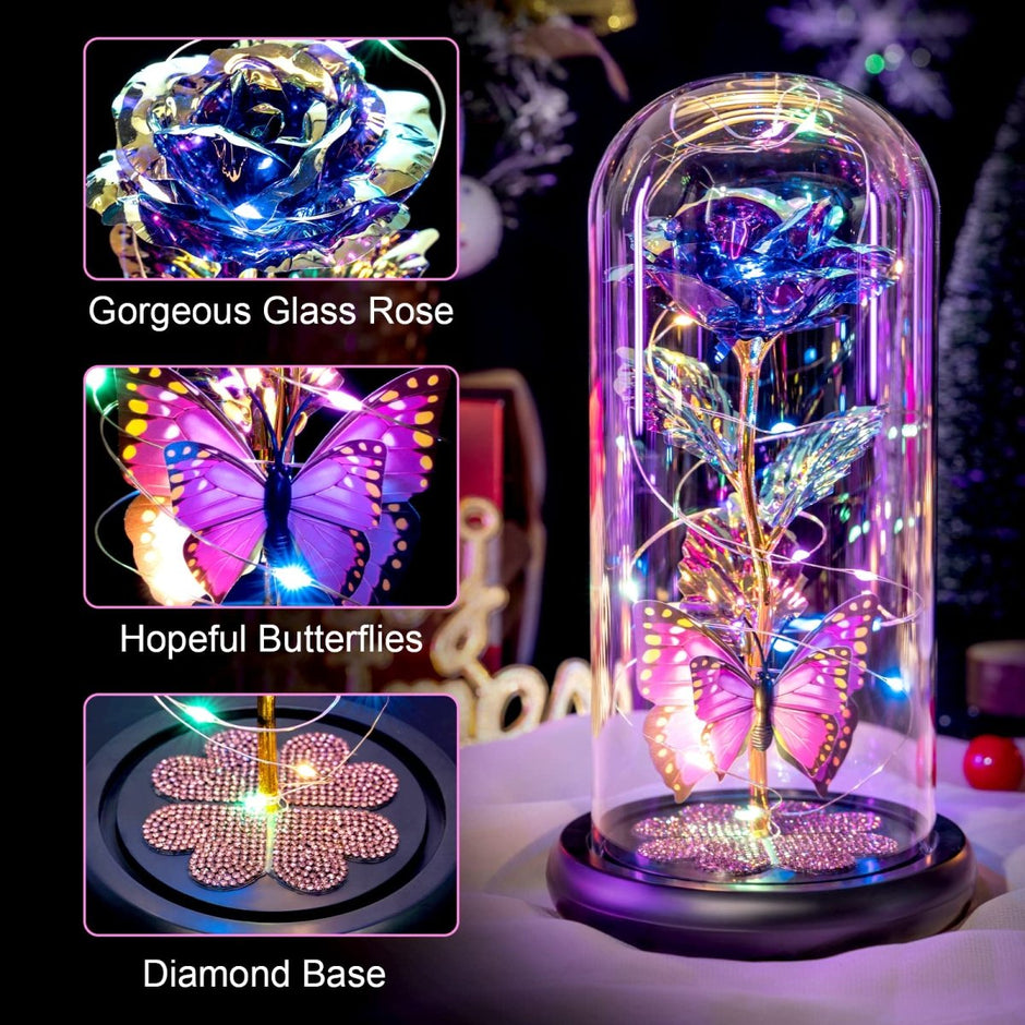 Valentines Day Gifts for Her, Galaxy Glass Rose Forever Eternal Crystal Flower Light Up Rose in Glass Dome with Butterfly Birthday Valentine Gifts for Women Daughter Mom Wife Girlfriend Colorful - Custom Crafting Alliance, LLC