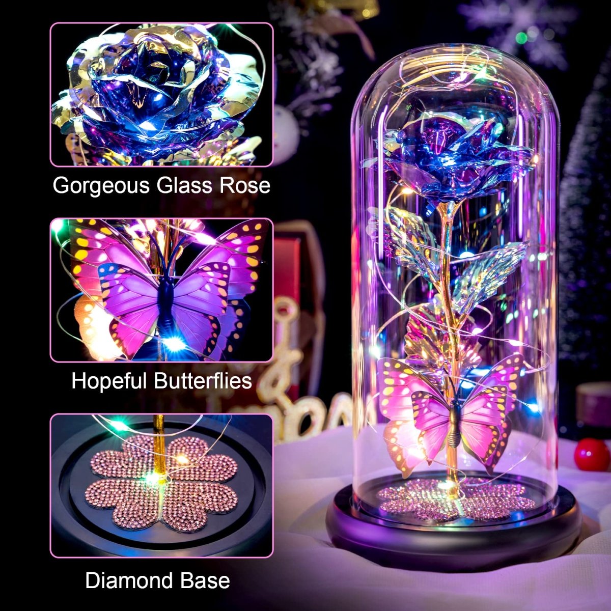 Valentines Day Gifts for Her, Galaxy Glass Rose Forever Eternal Crystal Flower Light Up Rose in Glass Dome with Butterfly Birthday Valentine Gifts for Women Daughter Mom Wife Girlfriend Colorful - Custom Crafting Alliance, LLC
