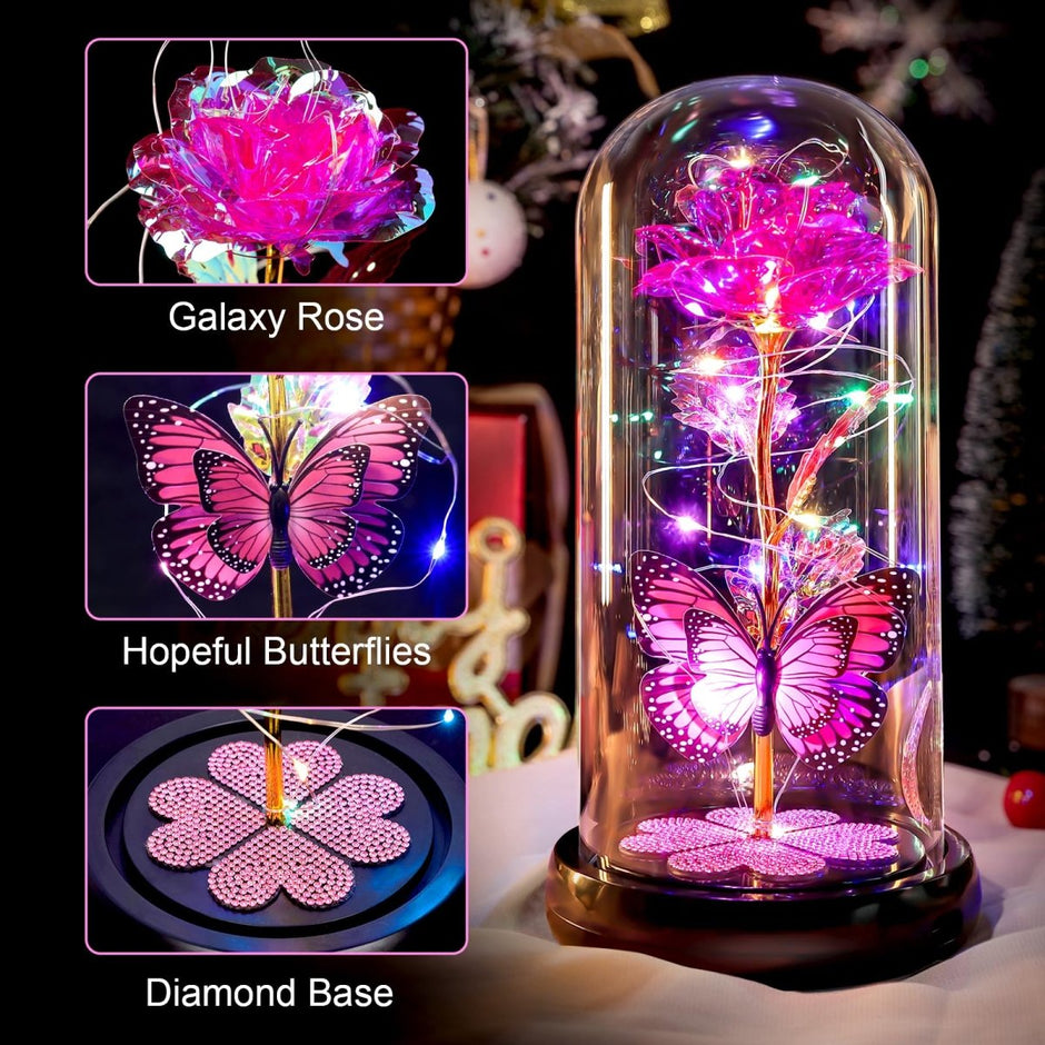 Valentines Day Gifts for Her, Galaxy Glass Rose Forever Eternal Crystal Flower Light Up Rose in Glass Dome with Butterfly Birthday Valentine Gifts for Women Daughter Mom Wife Girlfriend Colorful - Custom Crafting Alliance, LLC