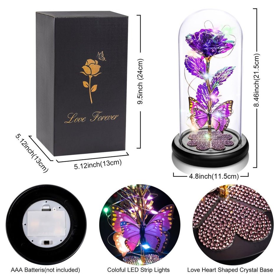Valentines Day Gifts for Her, Galaxy Glass Rose Forever Eternal Crystal Flower Light Up Rose in Glass Dome with Butterfly Birthday Valentine Gifts for Women Daughter Mom Wife Girlfriend Colorful - Custom Crafting Alliance, LLC