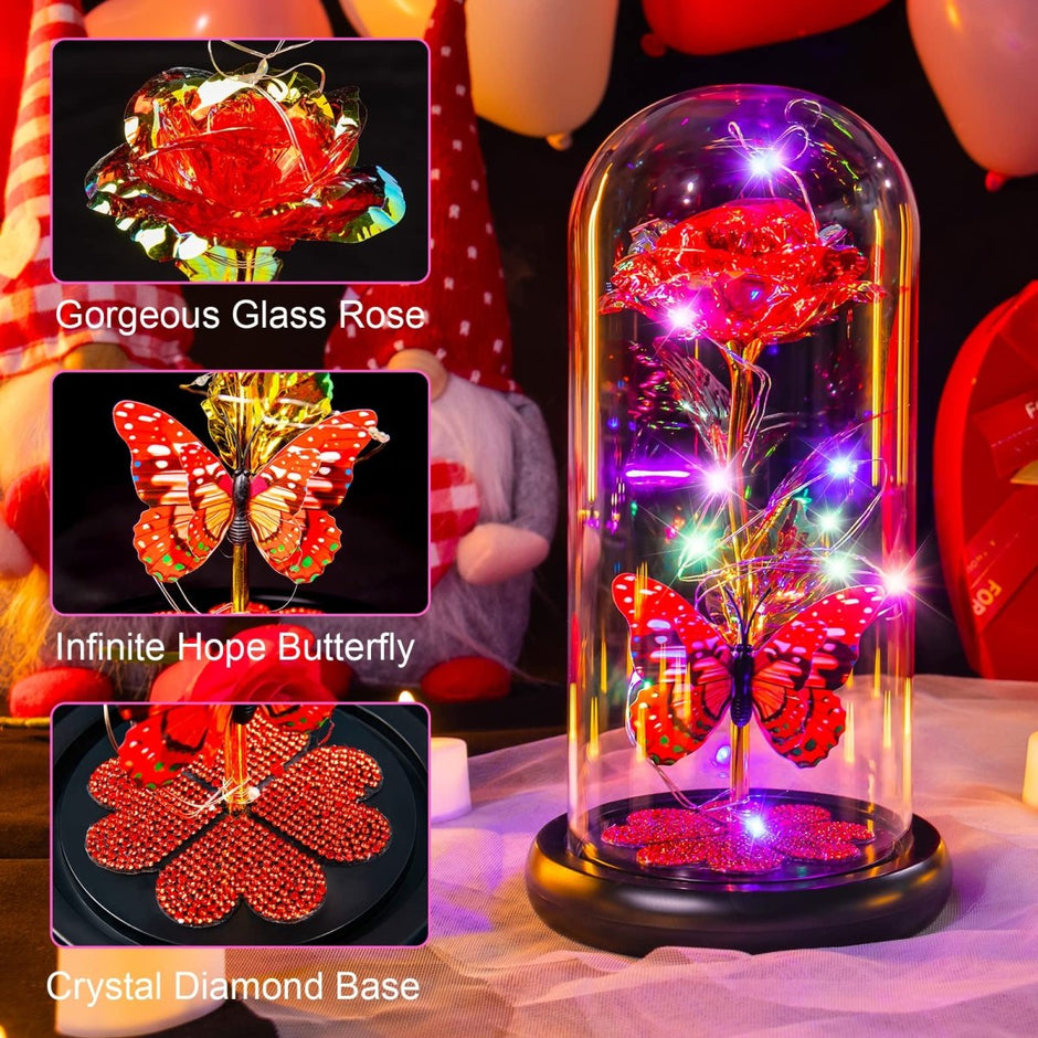 Valentines Day Gifts for Her, Galaxy Glass Rose Forever Eternal Crystal Flower Light Up Rose in Glass Dome with Butterfly Birthday Valentine Gifts for Women Daughter Mom Wife Girlfriend Colorful - Custom Crafting Alliance, LLC