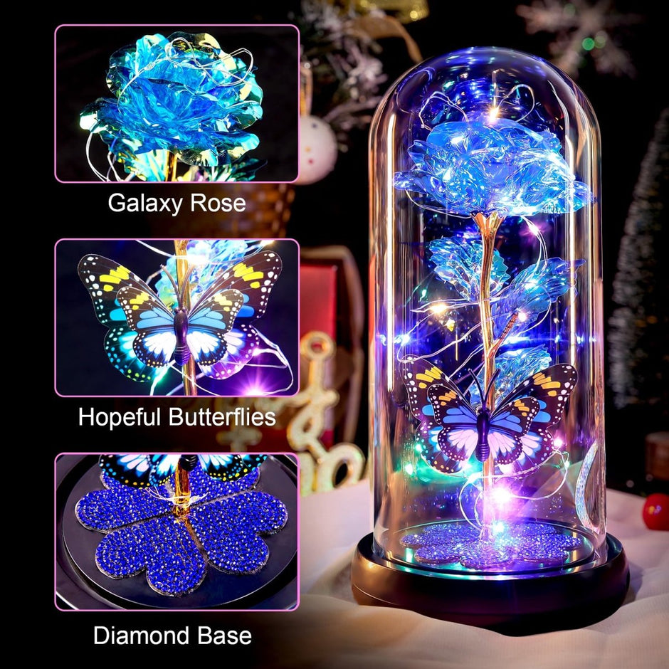 Valentines Day Gifts for Her, Galaxy Glass Rose Forever Eternal Crystal Flower Light Up Rose in Glass Dome with Butterfly Birthday Valentine Gifts for Women Daughter Mom Wife Girlfriend Colorful - Custom Crafting Alliance, LLC