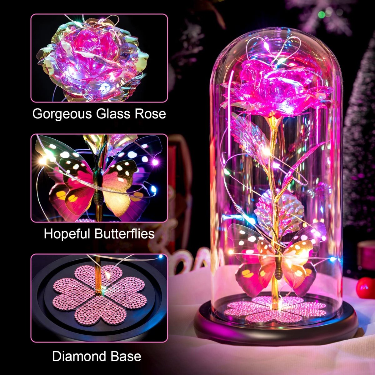 Valentines Day Gifts for Her, Galaxy Glass Rose Forever Eternal Crystal Flower Light Up Rose in Glass Dome with Butterfly Birthday Valentine Gifts for Women Daughter Mom Wife Girlfriend Colorful - Custom Crafting Alliance, LLC