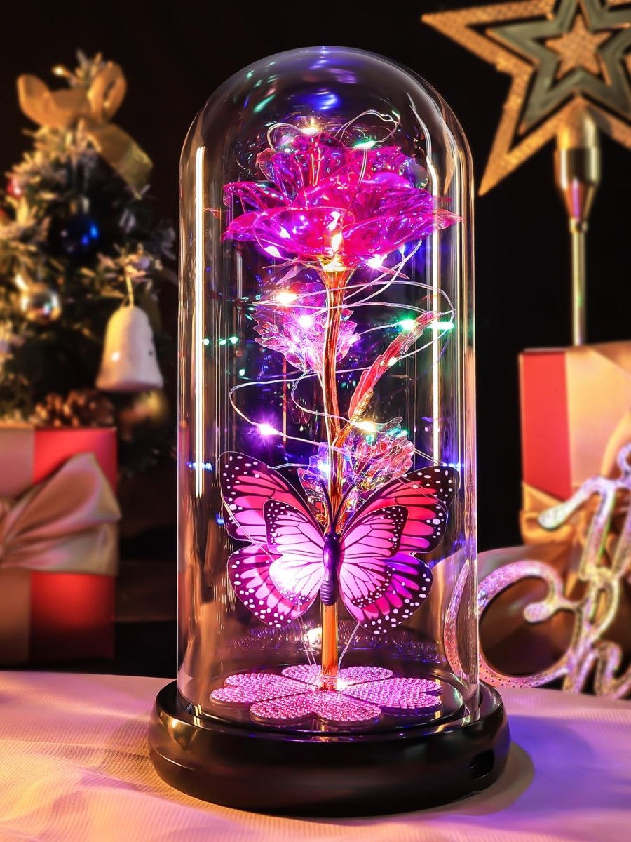 Valentines Day Gifts for Her, Galaxy Glass Rose Forever Eternal Crystal Flower Light Up Rose in Glass Dome with Butterfly Birthday Valentine Gifts for Women Daughter Mom Wife Girlfriend Colorful - Custom Crafting Alliance, LLC