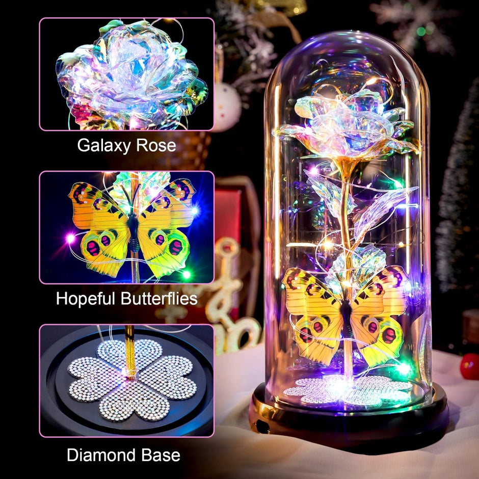 Valentines Day Gifts for Her, Galaxy Glass Rose Forever Eternal Crystal Flower Light Up Rose in Glass Dome with Butterfly Birthday Valentine Gifts for Women Daughter Mom Wife Girlfriend Colorful - Custom Crafting Alliance, LLC