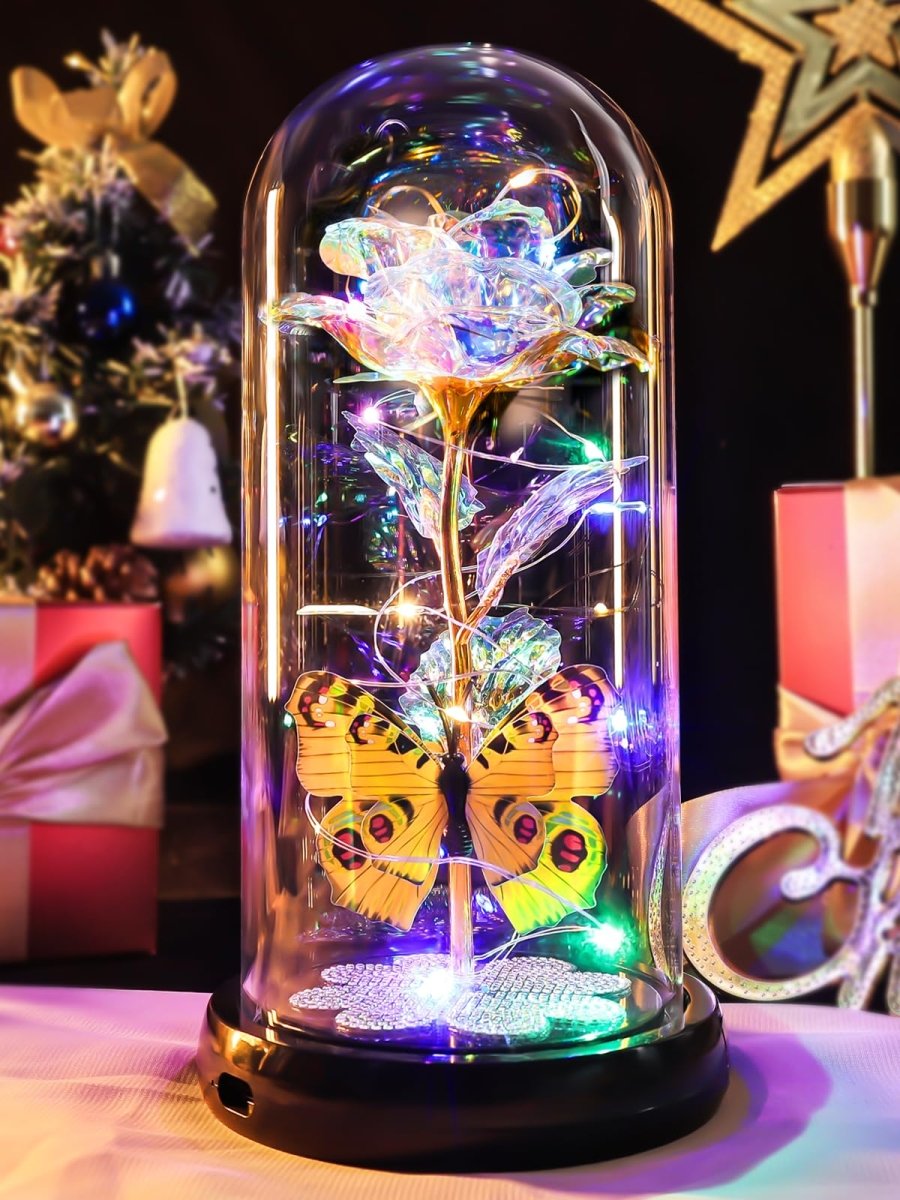 Valentines Day Gifts for Her, Galaxy Glass Rose Forever Eternal Crystal Flower Light Up Rose in Glass Dome with Butterfly Birthday Valentine Gifts for Women Daughter Mom Wife Girlfriend Colorful - Custom Crafting Alliance, LLC