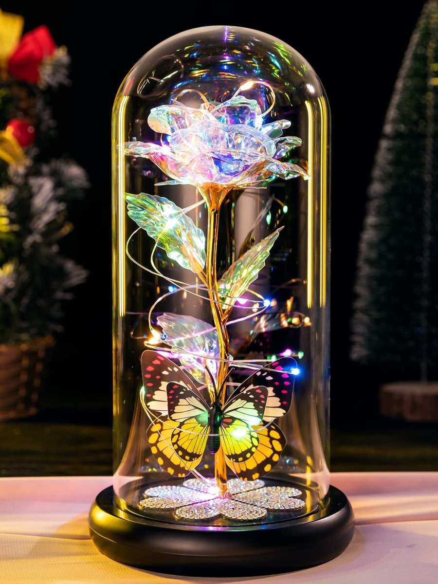 Valentines Day Gifts for Her, Galaxy Glass Rose Forever Eternal Crystal Flower Light Up Rose in Glass Dome with Butterfly Birthday Valentine Gifts for Women Daughter Mom Wife Girlfriend Colorful - Custom Crafting Alliance, LLC