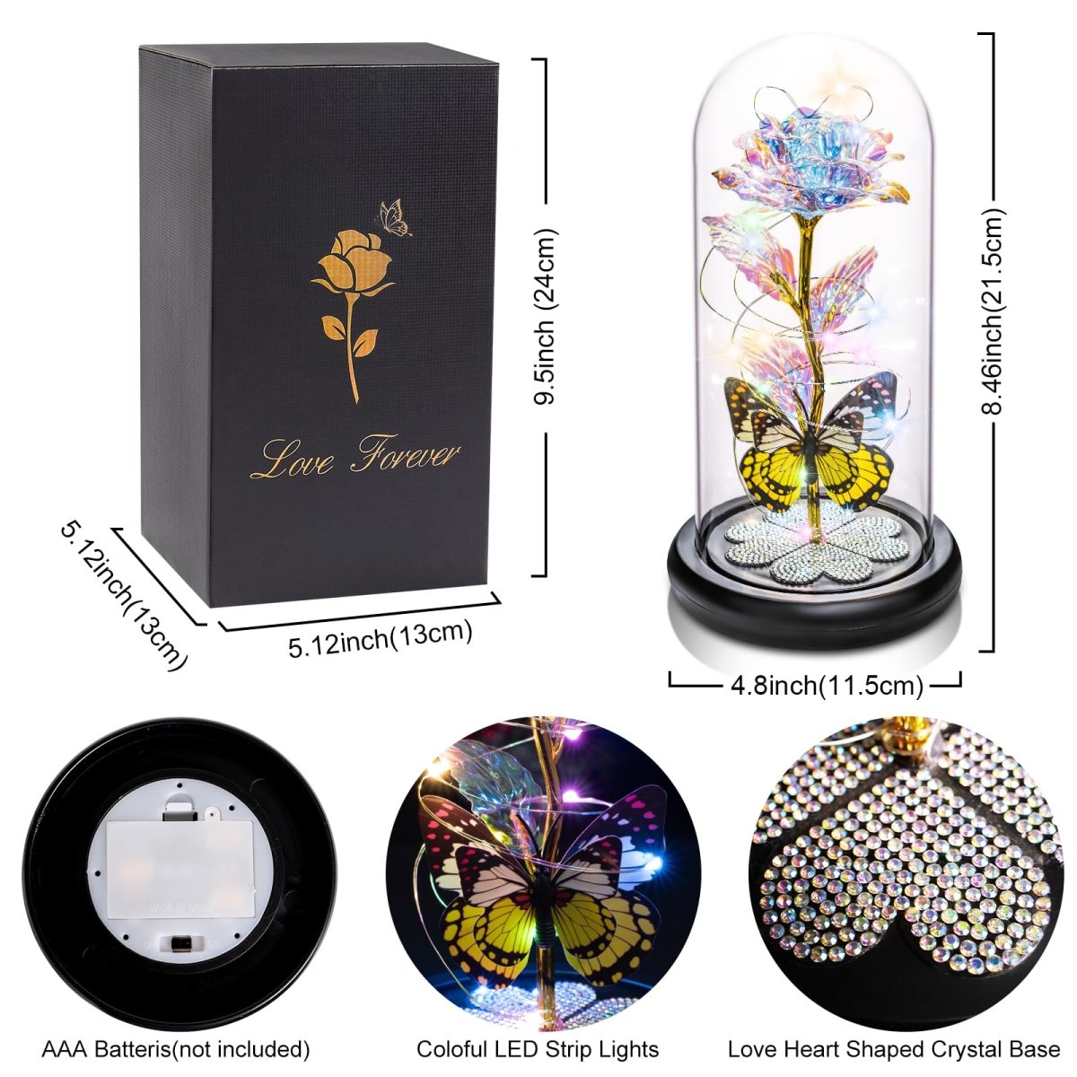 Valentines Day Gifts for Her, Galaxy Glass Rose Forever Eternal Crystal Flower Light Up Rose in Glass Dome with Butterfly Birthday Valentine Gifts for Women Daughter Mom Wife Girlfriend Colorful - Custom Crafting Alliance, LLC