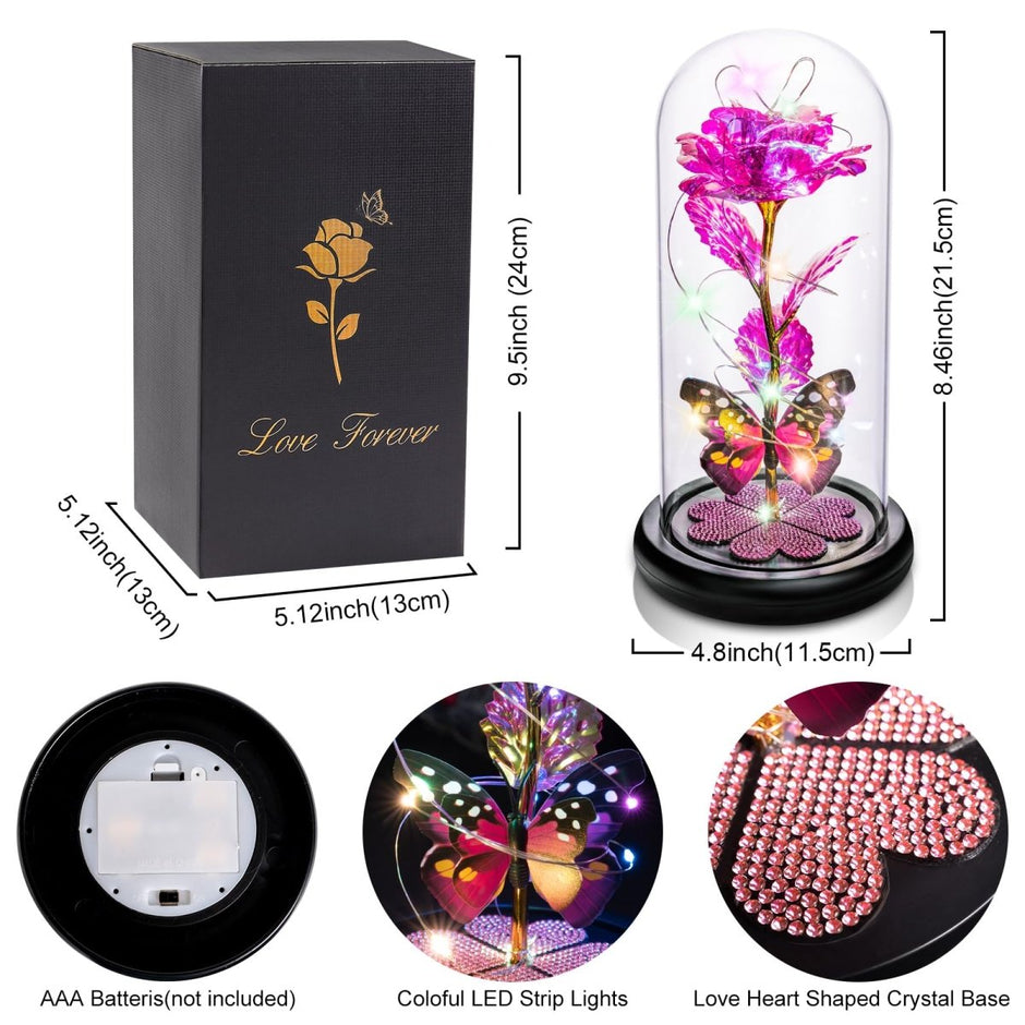 Valentines Day Gifts for Her, Galaxy Glass Rose Forever Eternal Crystal Flower Light Up Rose in Glass Dome with Butterfly Birthday Valentine Gifts for Women Daughter Mom Wife Girlfriend Colorful - Custom Crafting Alliance, LLC