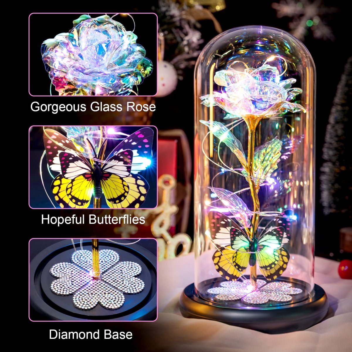 Valentines Day Gifts for Her, Galaxy Glass Rose Forever Eternal Crystal Flower Light Up Rose in Glass Dome with Butterfly Birthday Valentine Gifts for Women Daughter Mom Wife Girlfriend Colorful - Custom Crafting Alliance, LLC