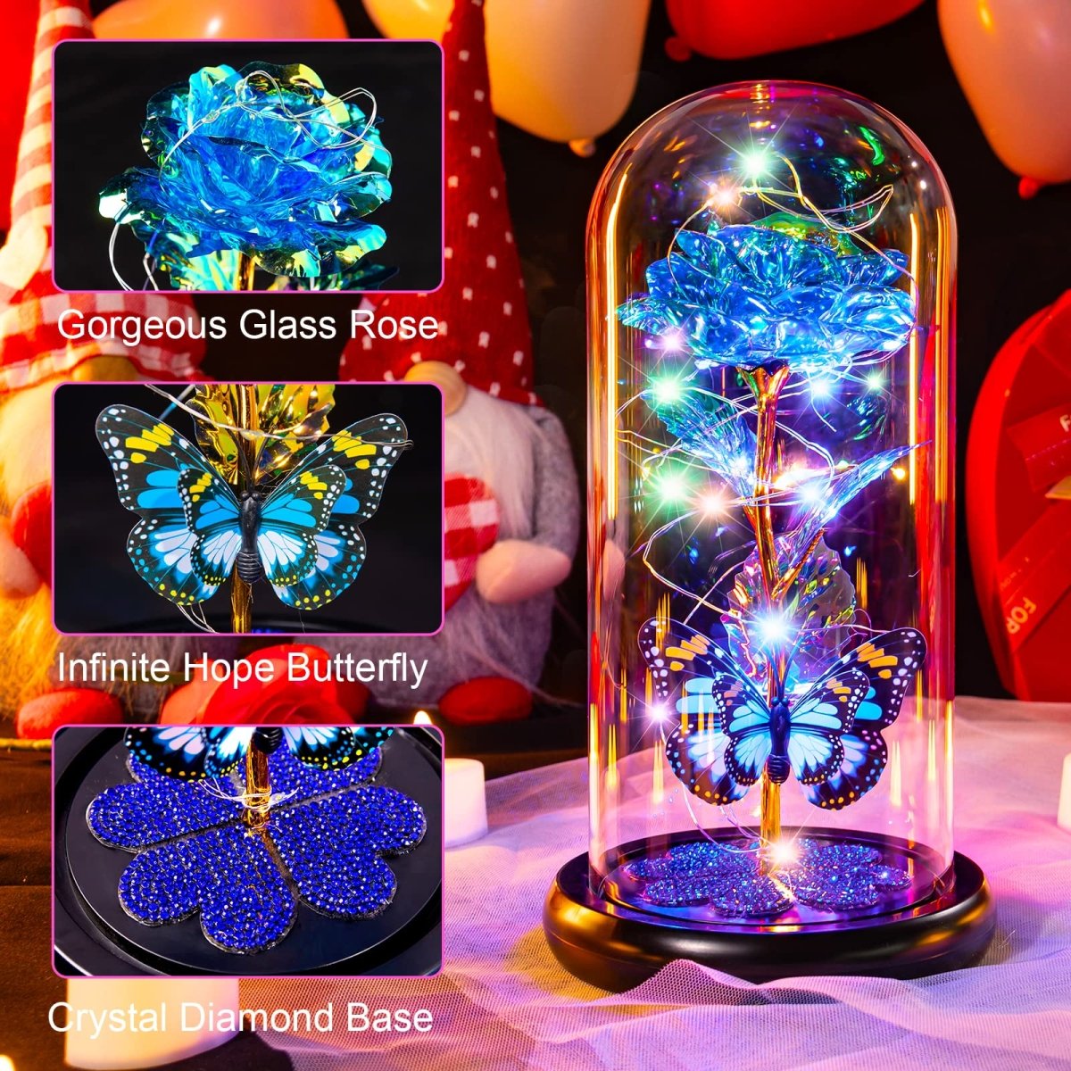 Valentines Day Gifts for Her, Galaxy Glass Rose Forever Eternal Crystal Flower Light Up Rose in Glass Dome with Butterfly Birthday Valentine Gifts for Women Daughter Mom Wife Girlfriend Colorful - Custom Crafting Alliance, LLC
