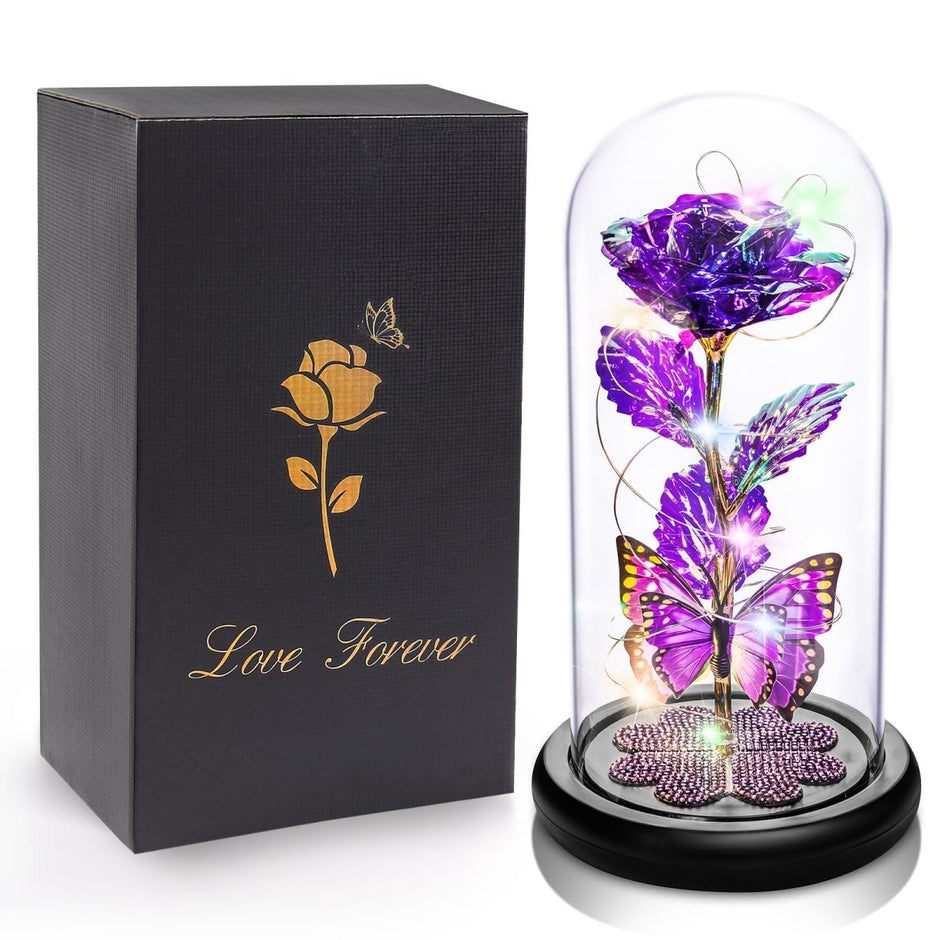 Valentines Day Gifts for Her, Galaxy Glass Rose Forever Eternal Crystal Flower Light Up Rose in Glass Dome with Butterfly Birthday Valentine Gifts for Women Daughter Mom Wife Girlfriend Colorful - Custom Crafting Alliance, LLC