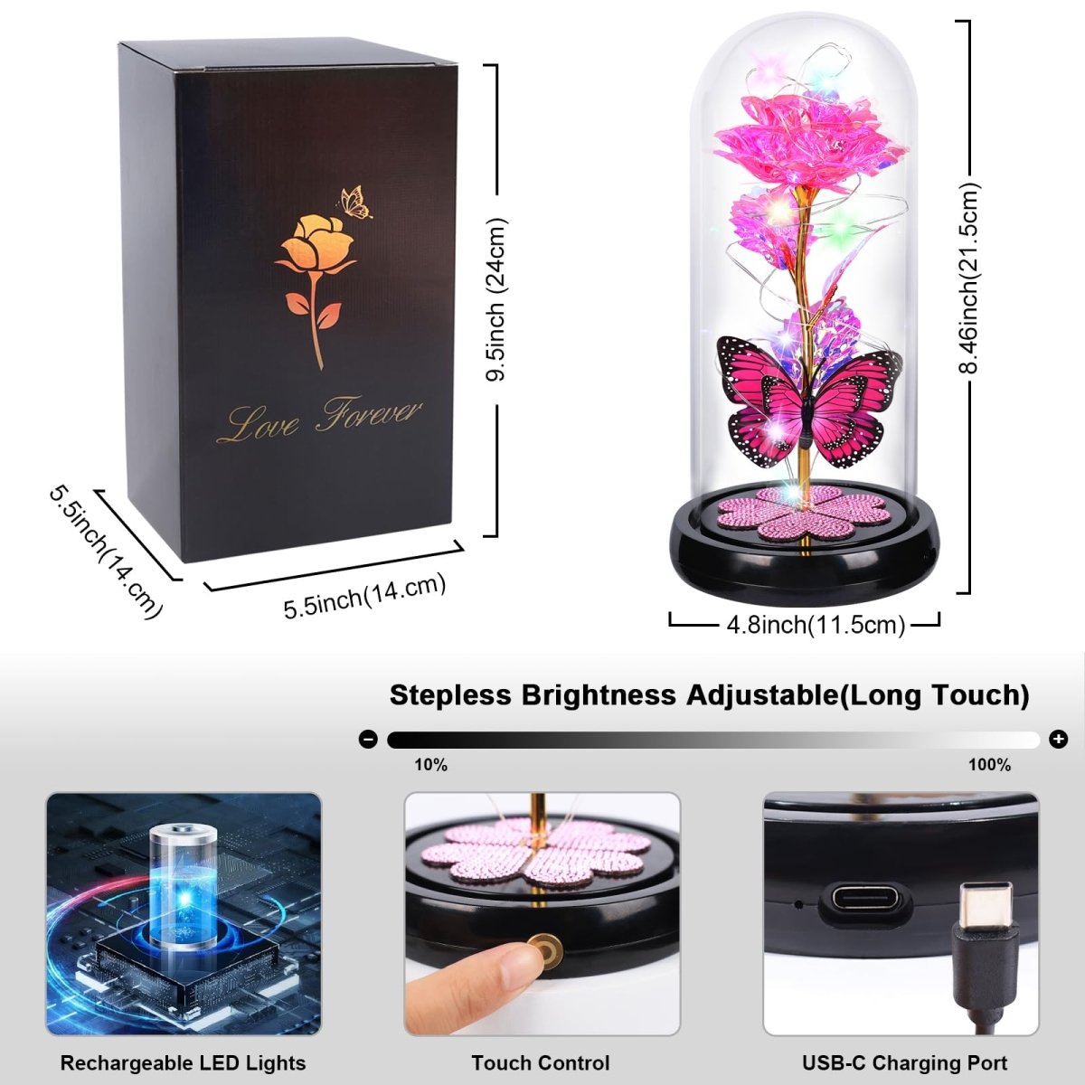 Valentines Day Gifts for Her, Galaxy Glass Rose Forever Eternal Crystal Flower Light Up Rose in Glass Dome with Butterfly Birthday Valentine Gifts for Women Daughter Mom Wife Girlfriend Colorful - Custom Crafting Alliance, LLC