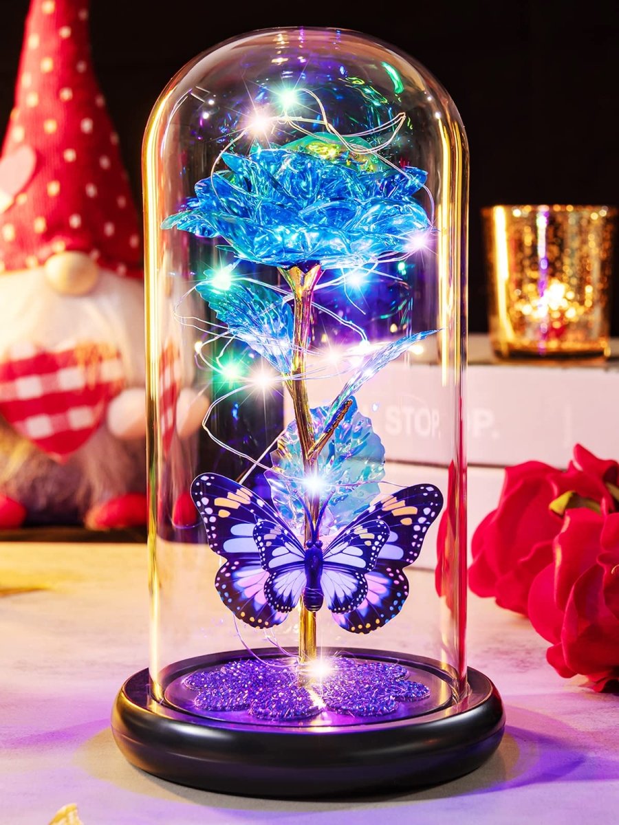 Valentines Day Gifts for Her, Galaxy Glass Rose Forever Eternal Crystal Flower Light Up Rose in Glass Dome with Butterfly Birthday Valentine Gifts for Women Daughter Mom Wife Girlfriend Colorful - Custom Crafting Alliance, LLC