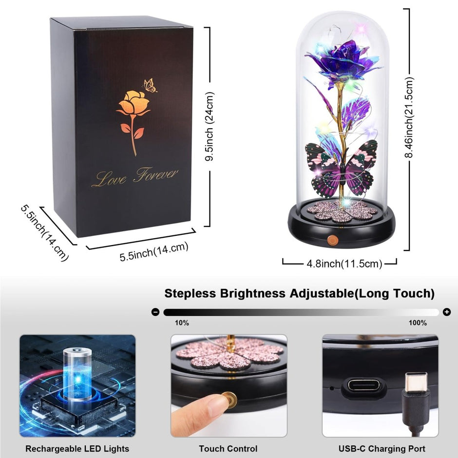 Valentines Day Gifts for Her, Galaxy Glass Rose Forever Eternal Crystal Flower Light Up Rose in Glass Dome with Butterfly Birthday Valentine Gifts for Women Daughter Mom Wife Girlfriend Colorful - Custom Crafting Alliance, LLC