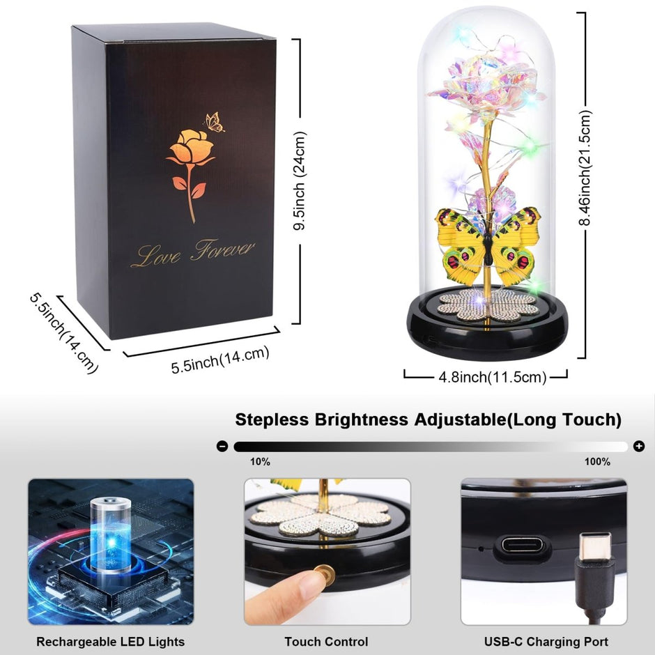 Valentines Day Gifts for Her, Galaxy Glass Rose Forever Eternal Crystal Flower Light Up Rose in Glass Dome with Butterfly Birthday Valentine Gifts for Women Daughter Mom Wife Girlfriend Colorful - Custom Crafting Alliance, LLC